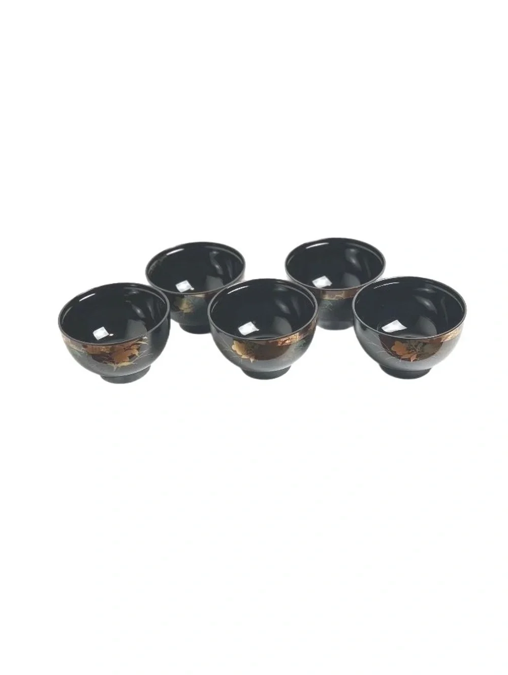 Set of 5 Vintage Black Lacquered Japanese Tea Bowls with Gold Leaf Design